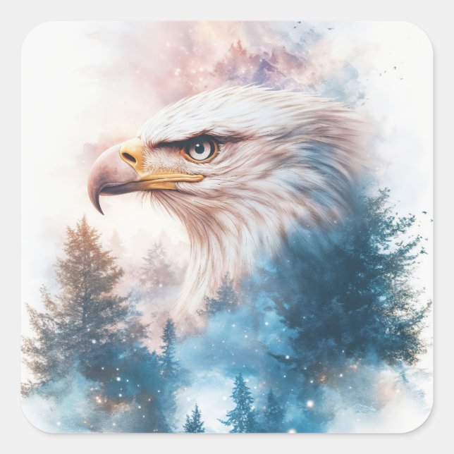 Powerful Eagle Through Galactic Clouds Square Sticker (Front)
