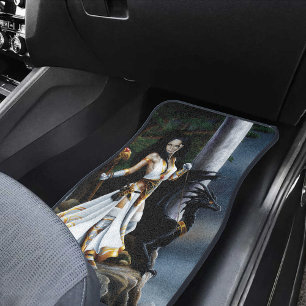Powerful Fantasy Sorceress Black Dragon Guardian Car Floor Mat