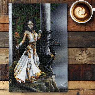 Powerful Fantasy Sorceress Black Dragon Guardian Jigsaw Puzzle