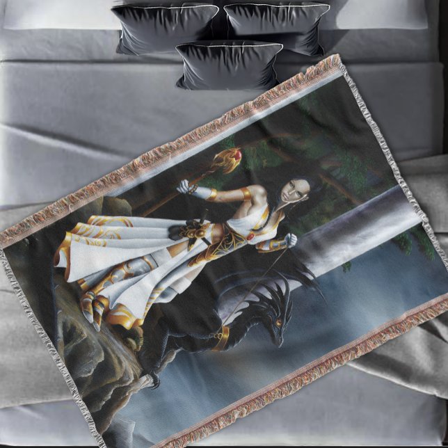 Powerful Fantasy Sorceress Black Dragon Guardian Throw Blanket (Creator Uploaded)