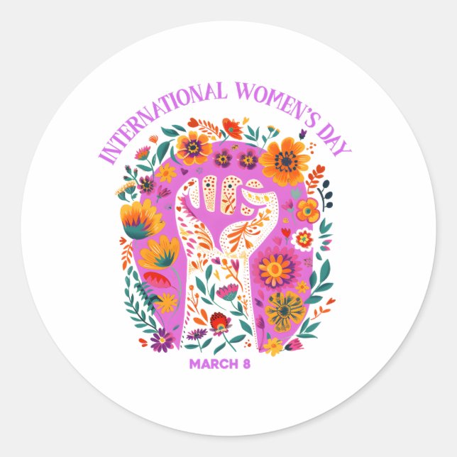 Powerful Floral Fist International Women's Day Classic Round Sticker (Front)