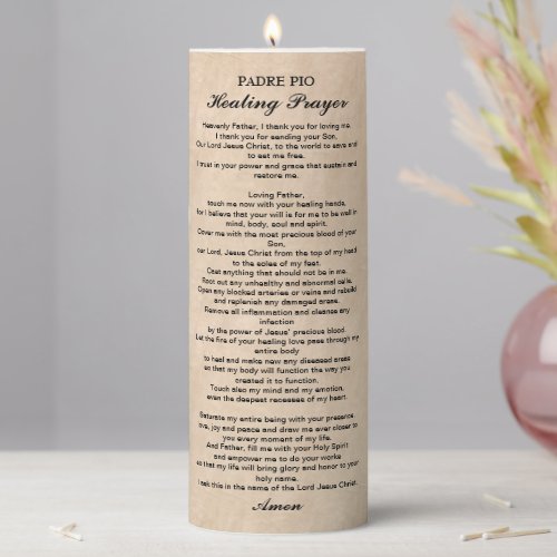 Powerful Healing Prayer by Padre Pio Christian Pillar Candle