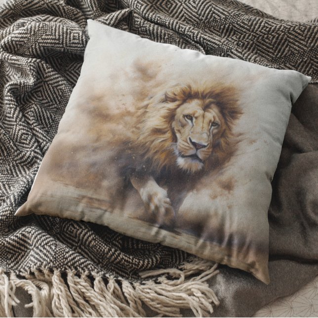 Powerful Lion Blowing Sands Safari jungle Throw Pillow (Creator Uploaded)