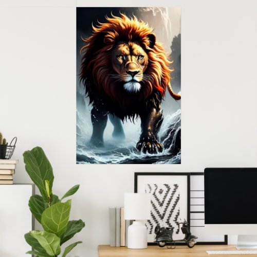 Powerful Lion Walking Over Water Poster