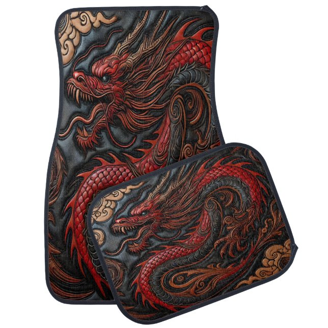 Powerful Red Dragon Carving Art Car Floor Mat (Set)
