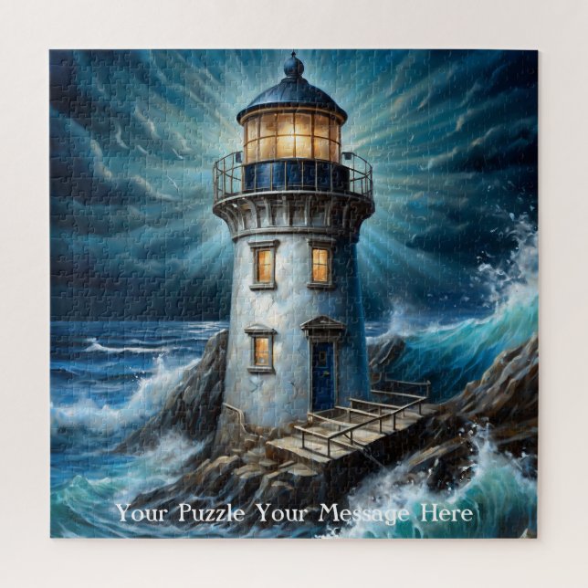 Powerful storm crashing against a lighthouse jigsaw puzzle (Vertical)