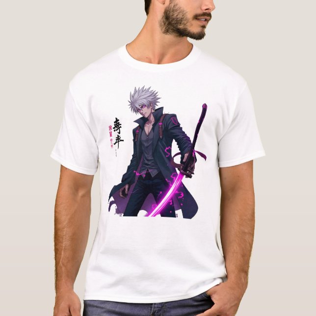 Powerful White-Haired Anime Warrior with Glowing  T-Shirt (Front)
