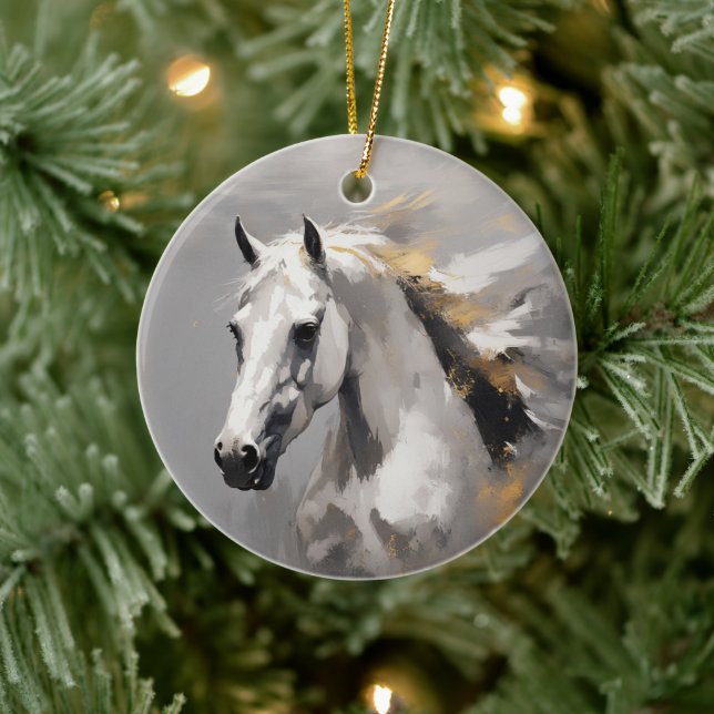 Powerful White Horse Portrait Oil Effect Ceramic Ornament (Tree)