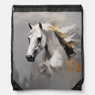 Powerful White Horse Portrait Oil Effect Drawstring Bag