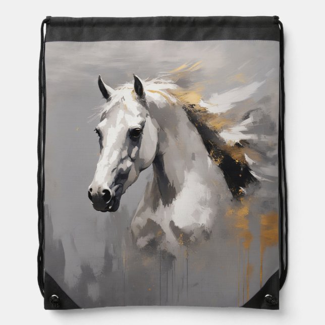Powerful White Horse Portrait Oil Effect Drawstring Bag (Front)
