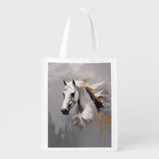 Powerful White Horse Portrait Oil Effect Grocery Bag