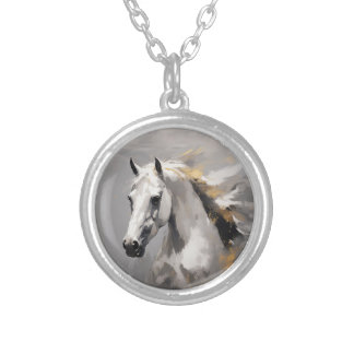 Powerful White Horse Portrait Oil Effect Silver Plated Necklace
