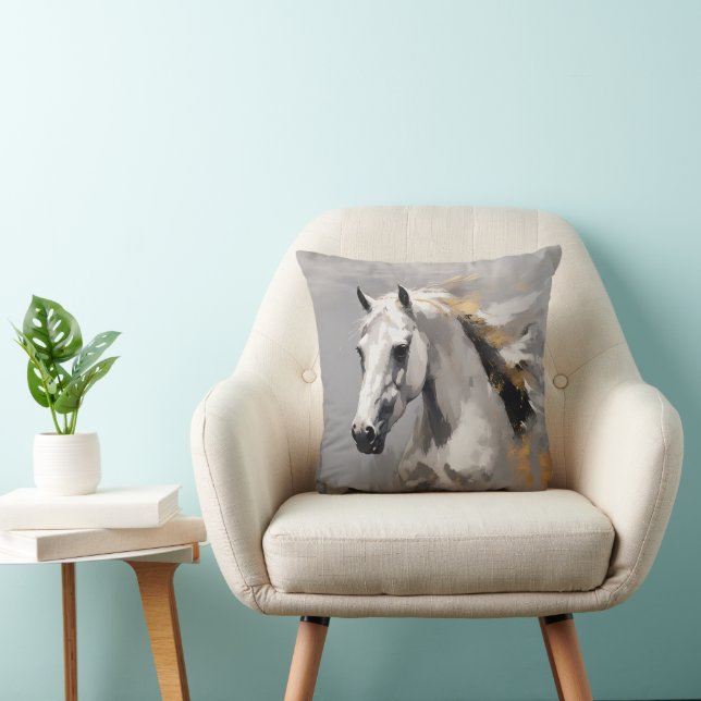 Powerful White Horse Portrait Oil Effect Throw Pillow (Chair)