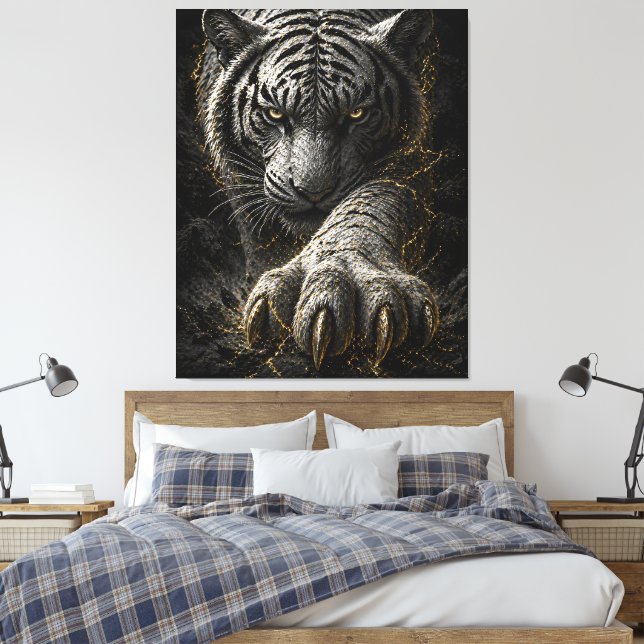 Powerful White Tiger Gold Energy Design Canvas Print (Insitu(Bedroom))