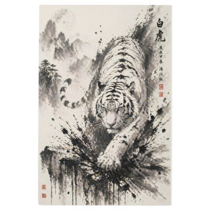 Powerful White Tiger Ink Splash Painting Oriental Metal Print