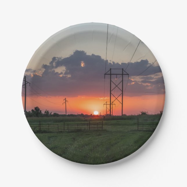 Powerline Sunset Landscape Paper Plates (Front)