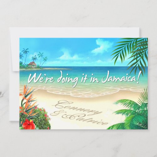 PR Exotic Beach Jamaican wedding get names in sand Invitation