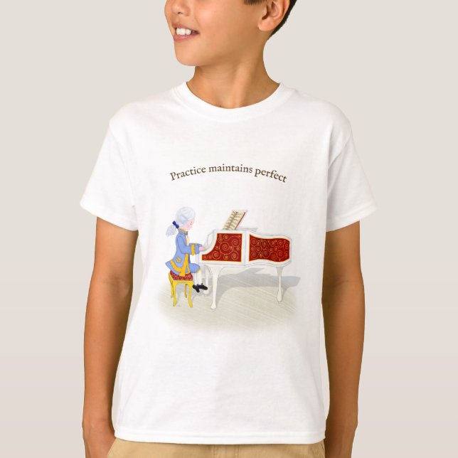 "Practice Maintains Perfect" Mozart Playing Piano T-Shirt (Front)