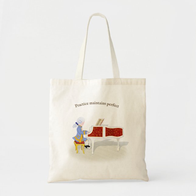 "Practice Maintains Perfect" Mozart Playing Piano Tote Bag (Front)