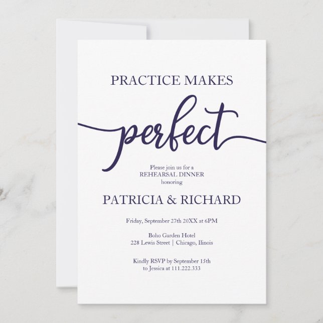 Practice Makes Perfect Blue White Rehearsal Dinner Invitation (Front)