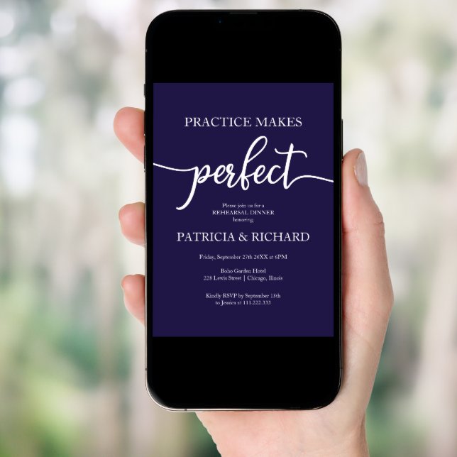Practice Makes Perfect Navy Blue Rehearsal Dinner Invitation (Front Digital)