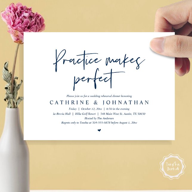 Practice makes perfect, Wedding Rehearsal Dinner I Invitation (Practice Makes Perfect, Wedding Rehearsal Dinner Invitation Card, PDF, Modern Casual, Navy Blue)