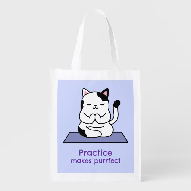 Practice Makes Purrfect - Cute Cat Doing Yoga Grocery Bag (Front)