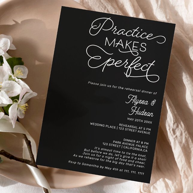 Practice perfect black wedding rehearsal dinner invitation (Creator Uploaded)