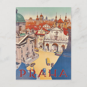 Prague, areal view on city centre, vintage travel postcard