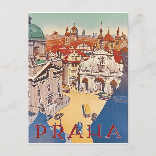 Prague areal view on city centre vintage travel postcard