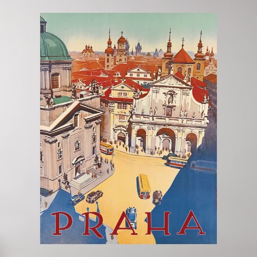 Prague areal view on city centre vintage travel poster