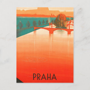 Prague, bridges, vintage travel postcard
