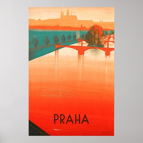 Prague bridges vintage travel poster