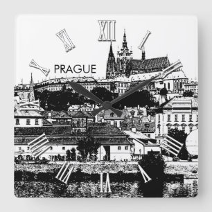 Prague Castle Drawing, St. Vitus Cathedral, Czech Square Wall Clock