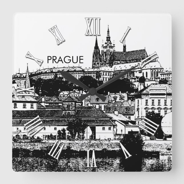 Prague Castle Drawing, St. Vitus Cathedral, Czech Square Wall Clock (Front)