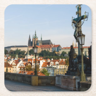 Prague Castle view from Charles bridge, Czech R. Square Paper Coaster