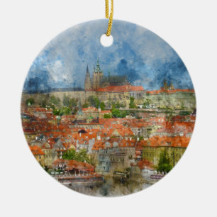 Prague Castle with famous Charles Bridge in Czech Ceramic Ornament