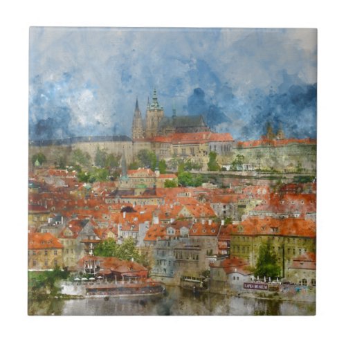 Prague Castle with famous Charles Bridge in Czech Ceramic Tile