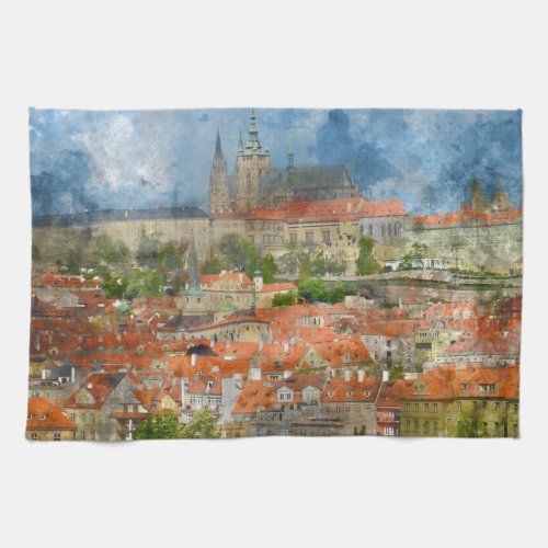 Prague Castle with famous Charles Bridge in Czech Kitchen Towel
