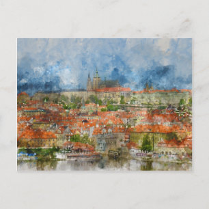 Prague Castle with famous Charles Bridge in Czech Postcard