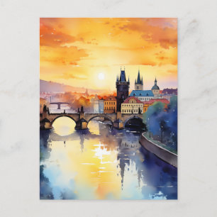 Prague Charles Bridge Sunset Watercolor Travel Postcard