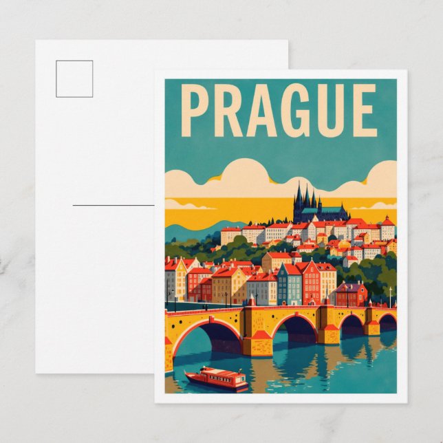 Prague Czech Art Vintage Illustration Travel Postcard (Front/Back)