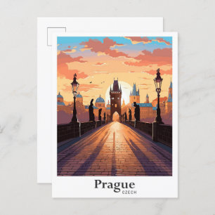 Prague Czech Art Vintage Travel Illustration Postcard