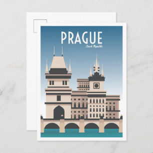 Prague Czech Art Vintage Travel Illustration Postcard
