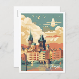 Prague Czech Art Vintage Travel Illustration Postcard
