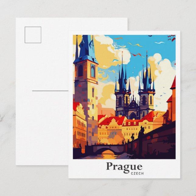 Prague Czech Art Vintage Travel Illustration Postcard (Front/Back)