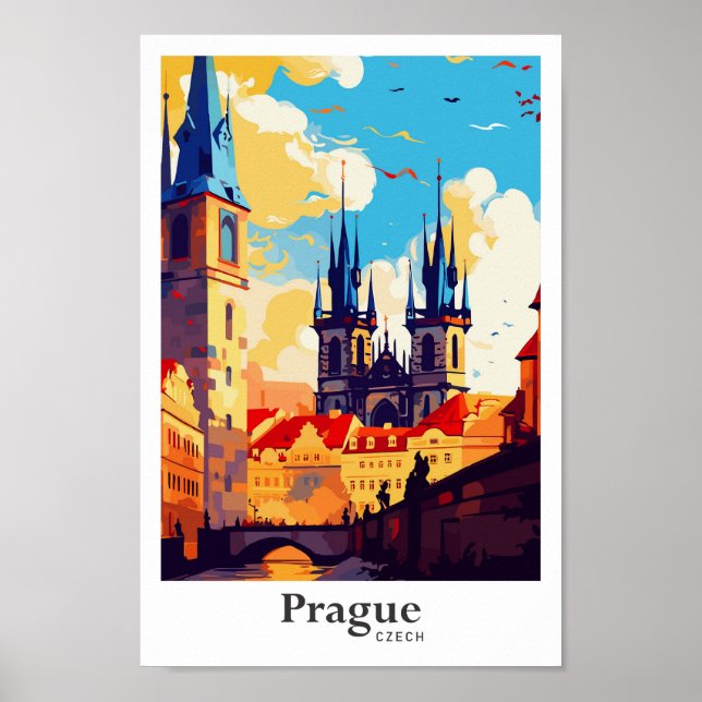 Prague Czech Art Vintage Travel Illustration Poster (Front)