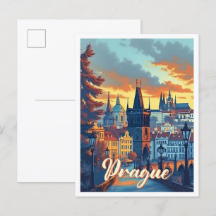 Prague Czech Artistic Travel Illustration Postcard