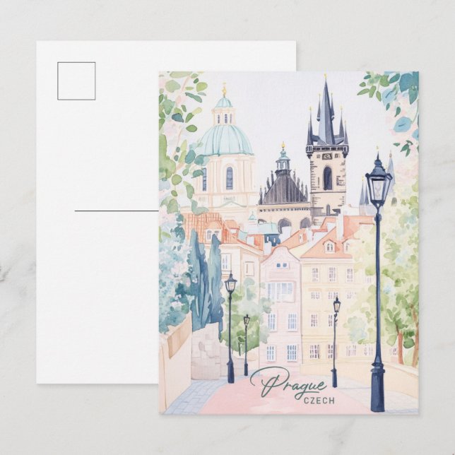 Prague Czech Gouache Paint Illustration Travel Postcard (Front/Back)