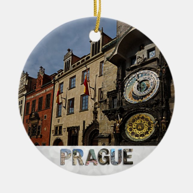 Prague Czech Republic Astronomical Clock Christmas Ceramic Ornament (Front)